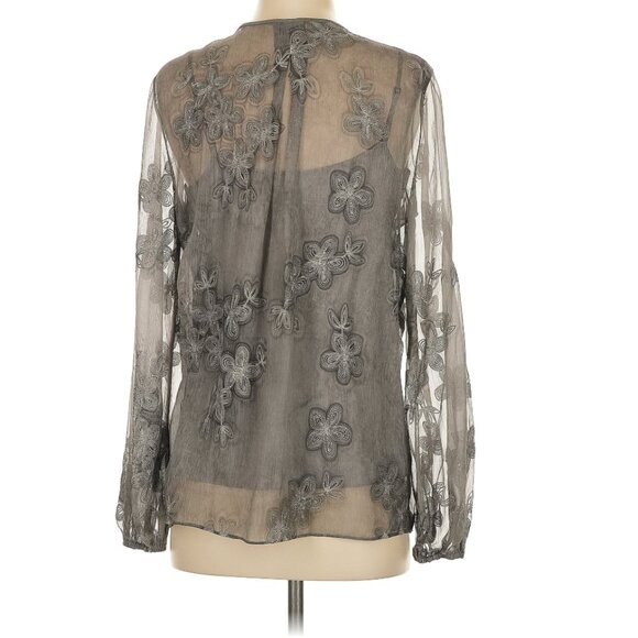 Elie Tahari grey chiffon Hallie blouse with floral embroidery, size S. - Picture 3 of 9